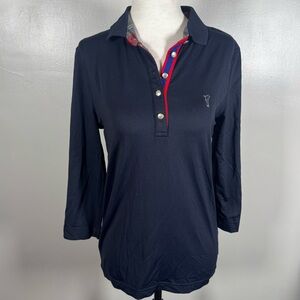 Golfino Size 10, M Blue Performance Gold Polo Luxury 3/4 Sleeve Logo Tennis Top